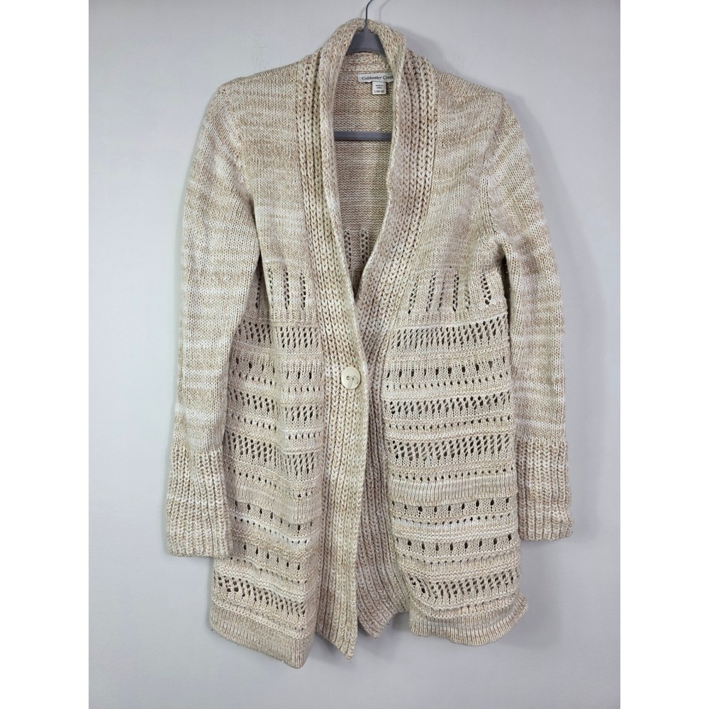 Coldwater Creek Cardigan Sweater Womens Large Beige Pointelle Knit Open Front